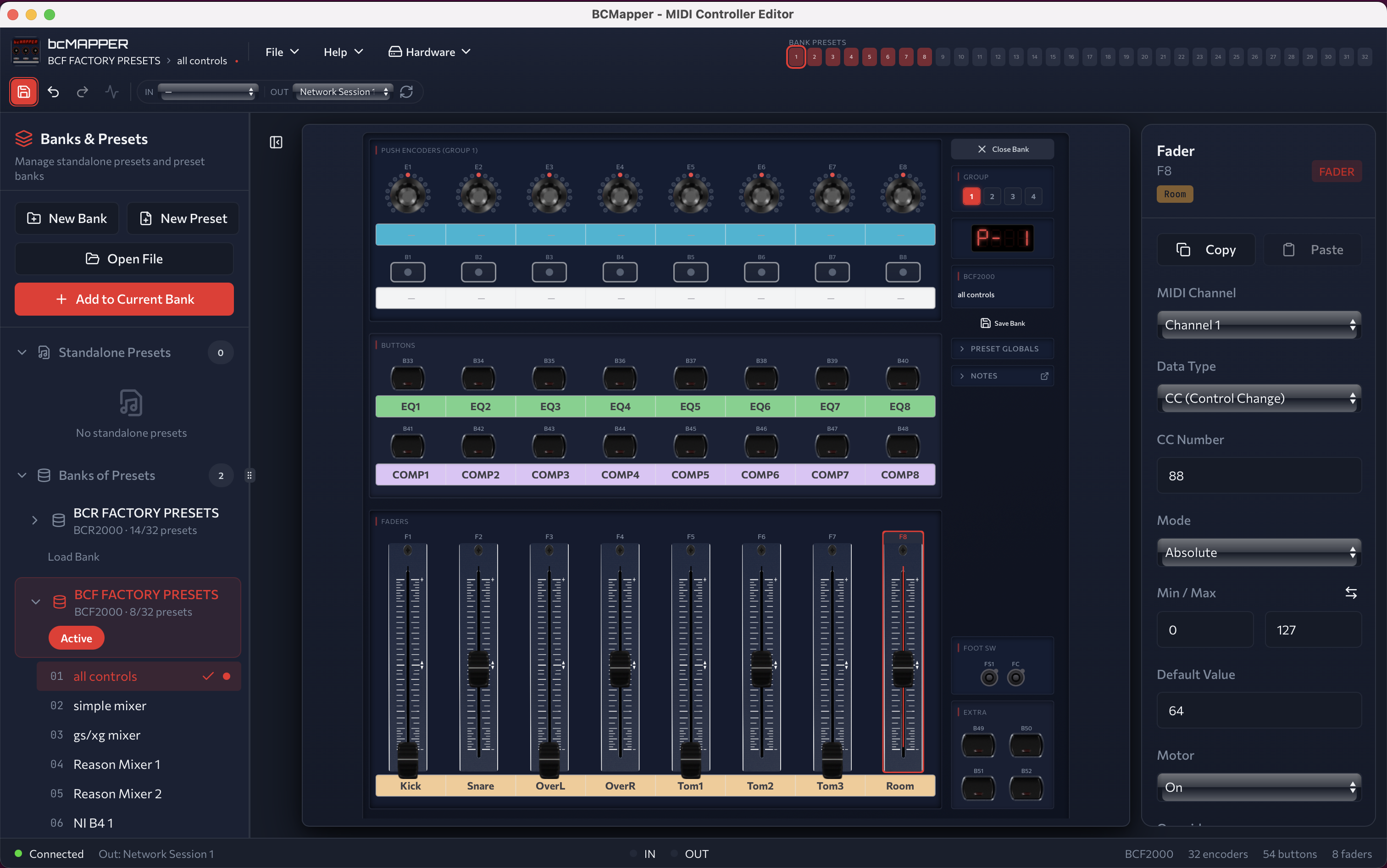 bcMAPPER editor open on a BCF2000 preset — showing motorized faders, rotary encoders, and buttons in the main canvas, with the fader MIDI parameter panel on the right displaying CC, mode, and motor settings