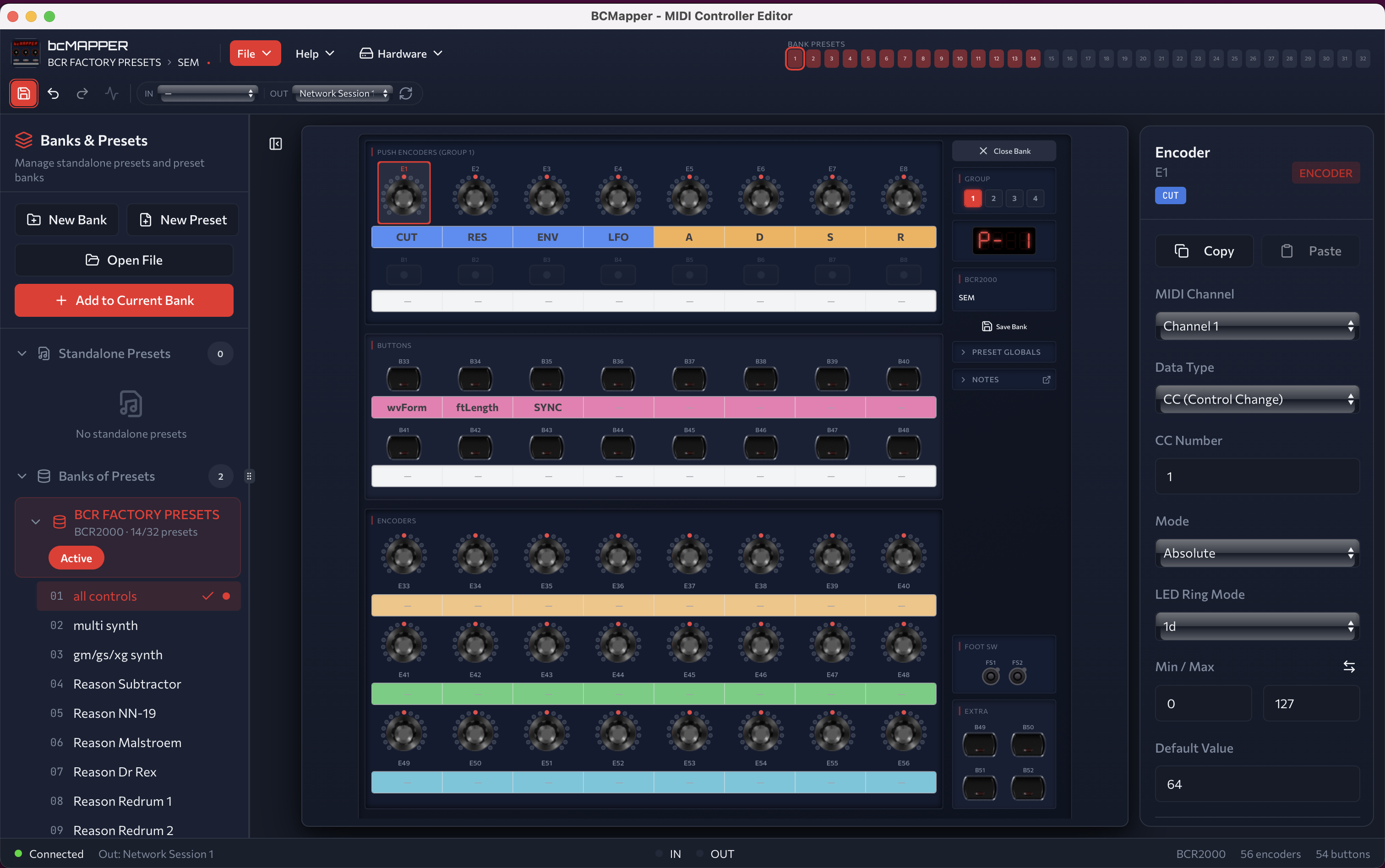 bcMAPPER editor open on a BCR2000 preset — showing 32 color-coded encoders in groups, the presets and banks sidebar on the left, and the encoder MIDI parameter panel on the right with CC number, mode, and Min/Max fields